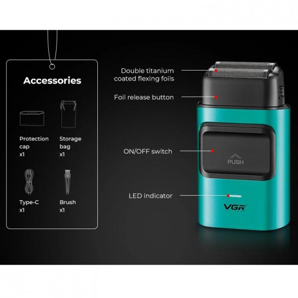 Электробритва VGR V-307 GREEN шейвер, двойное лезвие,  2000mAh, 9000 RPM 
