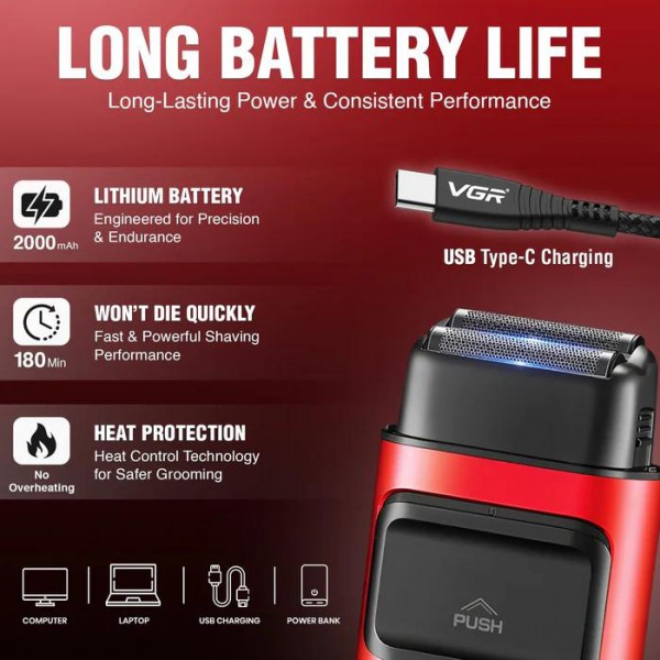 Электробритва VGR V-307 RED шейвер, двойное лезвие,  2000mAh, 9000 RPM 
