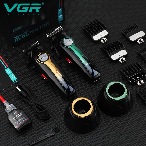 Аккумуляторная машинка для стрижки (clipper) VGR V-010 GREEN, 6 насадок, 7500 RPM, 2600 mAh, LED display 