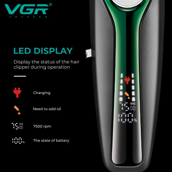 Аккумуляторная машинка для стрижки (clipper) VGR V-010 GREEN, 6 насадок, 7500 RPM, 2600 mAh, LED display 