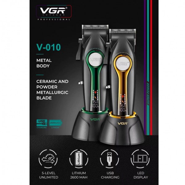 Аккумуляторная машинка для стрижки (clipper) VGR V-010 GREEN, 6 насадок, 7500 RPM, 2600 mAh, LED display 