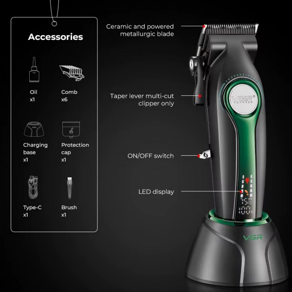 Аккумуляторная машинка для стрижки (clipper) VGR V-010 GREEN, 6 насадок, 7500 RPM, 2600 mAh, LED display 