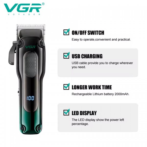 Аккумуляторная машинка для стрижки (clipper) VGR V-013 , 8 насадок, 6500 RPM, 2000 mAh, LED display 