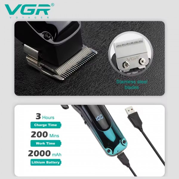 Аккумуляторная машинка для стрижки (clipper) VGR V-013 , 8 насадок, 6500 RPM, 2000 mAh, LED display 