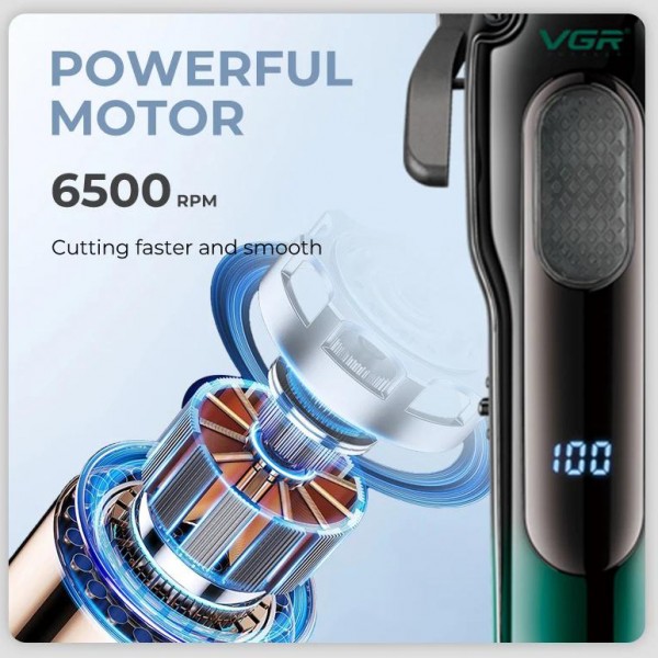 Аккумуляторная машинка для стрижки (clipper) VGR V-013 , 8 насадок, 6500 RPM, 2000 mAh, LED display 
