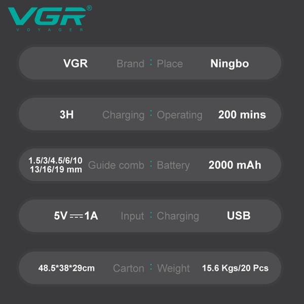 Аккумуляторная машинка для стрижки (clipper) VGR V-013 , 8 насадок, 6500 RPM, 2000 mAh, LED display 