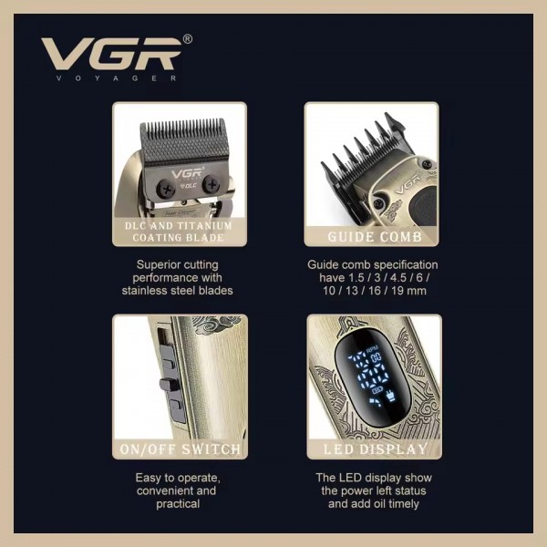 Аккумуляторная машинка для стрижки (clipper) VGR V-027, 8 насадок, 7000 RPM, 2600 mAh, LED display 