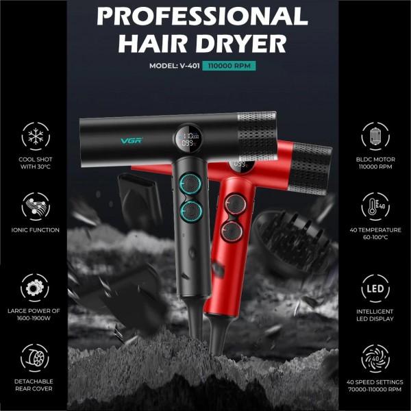 Фен професійний VGR V-401 RED, 40 рівнів обдування 7000 - 11000 RPM, 40 рівнів температури 60°C - 100°C, 3 насадки