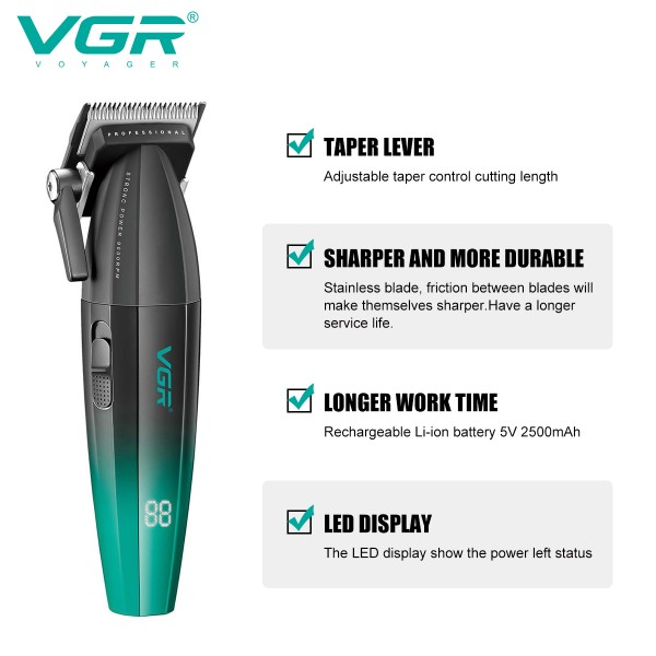 Аккумуляторная машинка для стрижки (clipper) VGR V-003 GREEN, 6 насадок, TURBO режим 9000 RPM, керамическое лезвие, LED display 