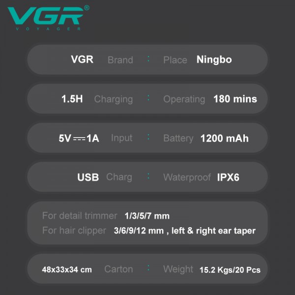 Набір для стриження VGR 8 в 1 V-103, 19 насадок, LED display