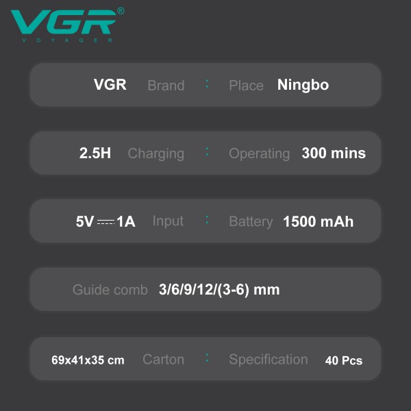 Набір для стриження VGR 5 в 1 V-111, 9 насадок, LED display