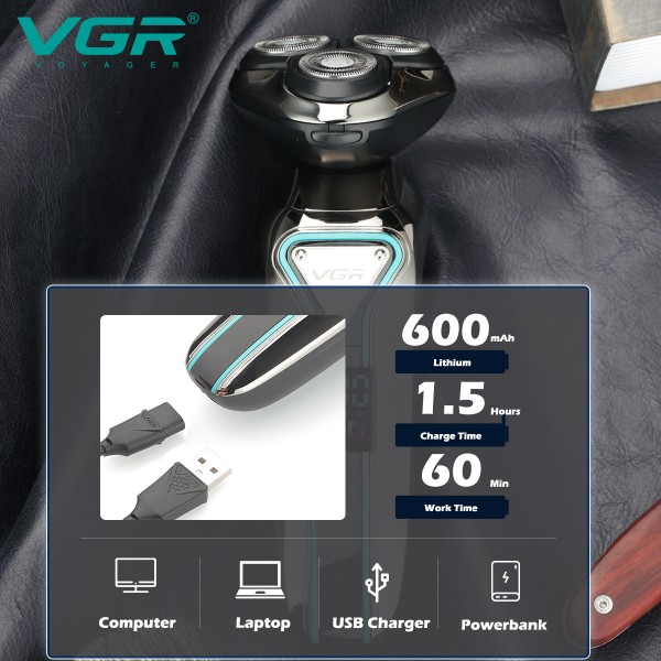 Электробритва VGR V-323 BLACK, роторная, IPX6, LED display 