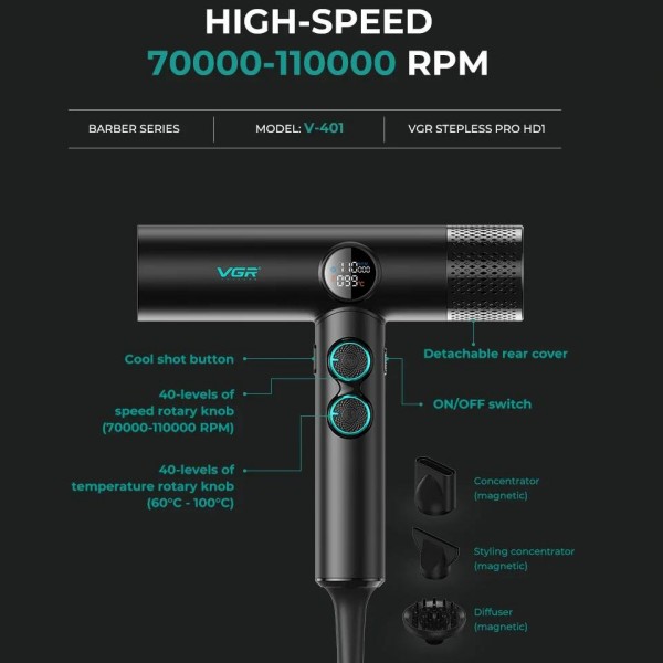 Фен профессиональный VGR V-401 BLACK, 40 уровней обдува 70000 - 110000 RPM, 40 уровней температуры 60°C - 100°C, 3 насадки 