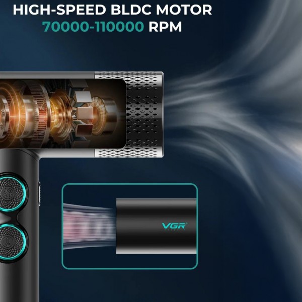 Фен профессиональный VGR V-401 BLACK, 40 уровней обдува 70000 - 110000 RPM, 40 уровней температуры 60°C - 100°C, 3 насадки 