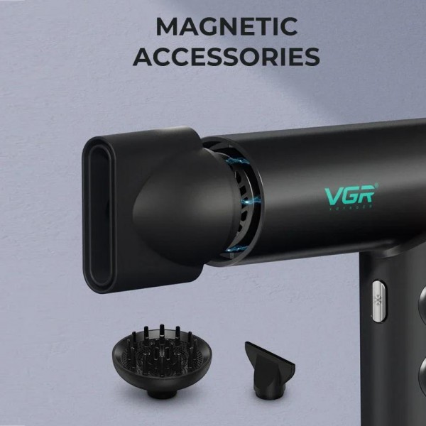 Фен профессиональный VGR V-401 BLACK, 40 уровней обдува 70000 - 110000 RPM, 40 уровней температуры 60°C - 100°C, 3 насадки 