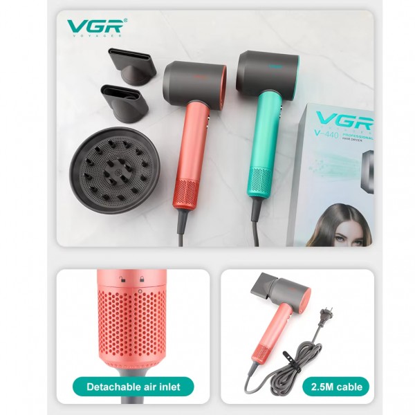 Фен профессиональный VGR V-440 GREEN, 3 уровня обдува, 3 уровня температуры, 110000 RPM, 3 насадки 