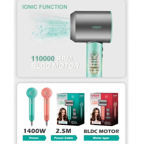 Фен профессиональный VGR V-440 GREEN, 3 уровня обдува, 3 уровня температуры, 110000 RPM, 3 насадки 
