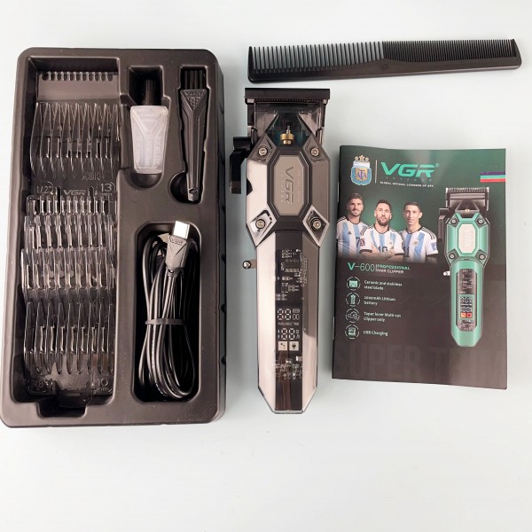 Акумуляторна машинка для стрижки (clipper) VGR V-600 BLACK, 6 насадок, регулятор висоти, LED display, 7000 RPM