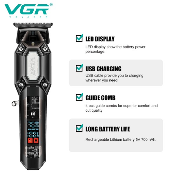 Тример VGR V-900 BLACK, 4 насадки, LED display, 7000 RPM
