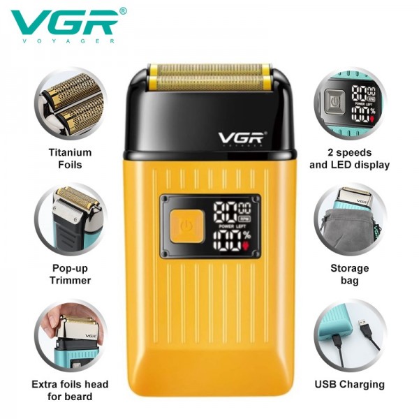 Электробритва VGR V-357 шейвер GOLD, двойное лезвие, 2 насадки, выдвижной триммер, IPX6, LED display 