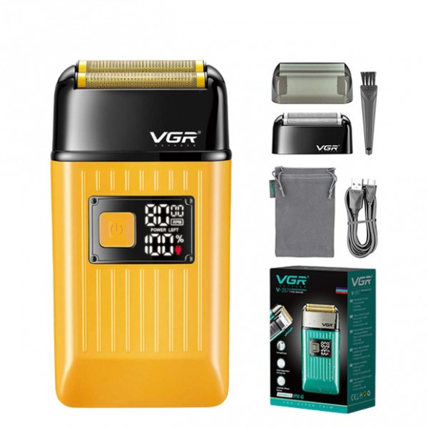 Электробритва VGR V-357 шейвер GOLD, двойное лезвие, 2 насадки, выдвижной триммер, IPX6, LED display 