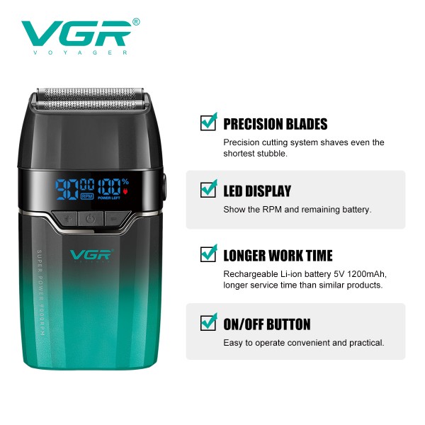 Электробритва VGR V-308 GREEN шейвер, двойное лезвие, 9000 RPM, LED Display 