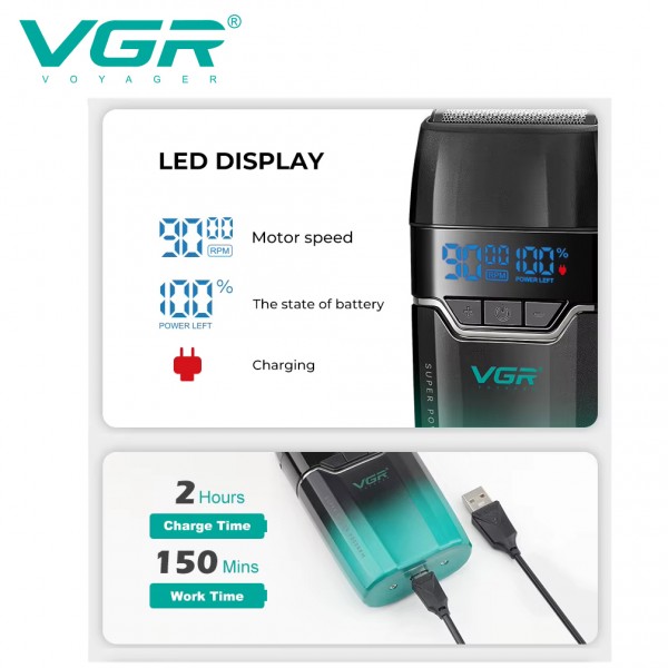Электробритва VGR V-308 GOLD шейвер, двойное лезвие, 9000 RPM, LED Display 
