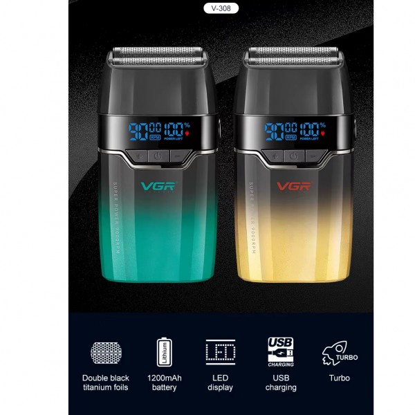 Электробритва VGR V-308 GOLD шейвер, двойное лезвие, 9000 RPM, LED Display 