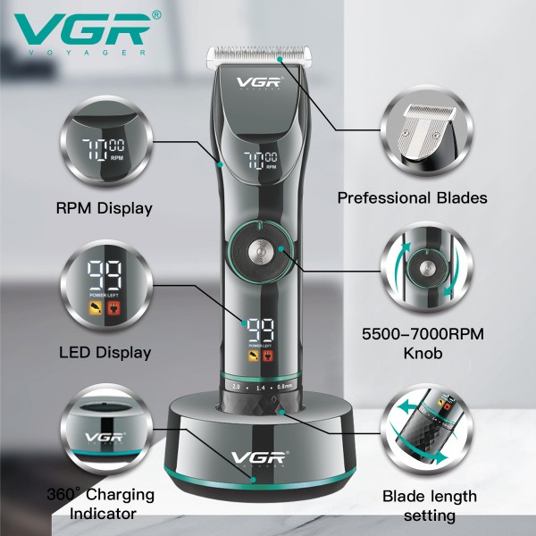 Аккумуляторная машинка для стрижки (clipper) VGR V-256, 6 насадок, LED display
