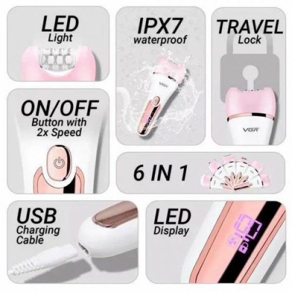Эпилятор VGR 6 в 1 V-733 PINK, 12 насадок, IPX7, LED display 