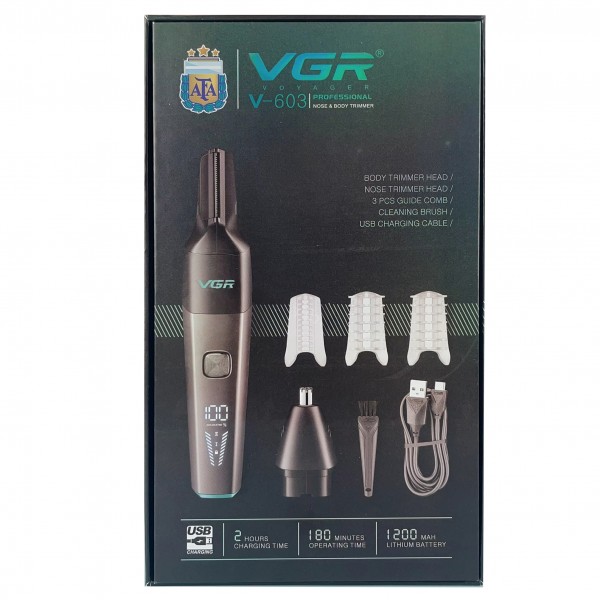 Триммер VGR 2 в 1 V-603, 2 насадки (для носа и волос), IPX5 