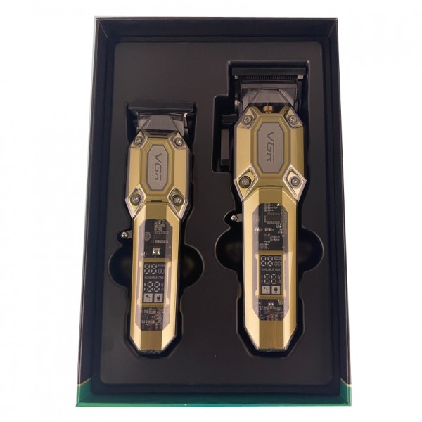 Комплект VGR 2 в 1 V-600&900 GOLD, акумуляторна машинка для стрижки (clipper) і тример, 10 насадок, LED display, 7000 RPM