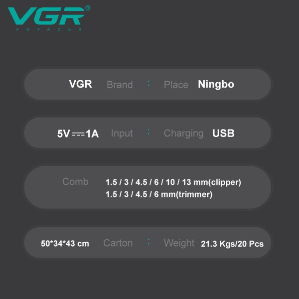 Комплект VGR 2 в 1 V-600&900 GOLD, акумуляторна машинка для стрижки (clipper) і тример, 10 насадок, LED display, 7000 RPM