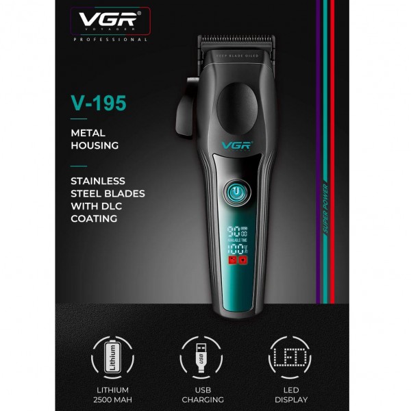 Аккумуляторная машинка для стрижки (clipper) VGR V-195 GREEN, 8 насадок, 9000 RPM, 2500 mAh, LED display 