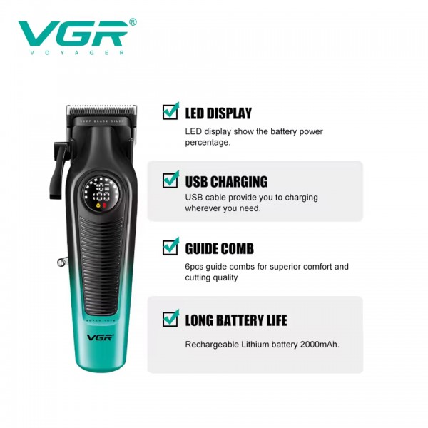 Аккумуляторная машинка для стрижки (clipper) VGR V-196 GREEN, 8 насадок, 7000 RPM, 2000 mAh, LED display 