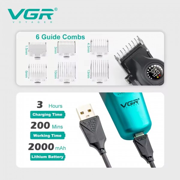Аккумуляторная машинка для стрижки (clipper) VGR V-196 GREEN, 8 насадок, 7000 RPM, 2000 mAh, LED display 