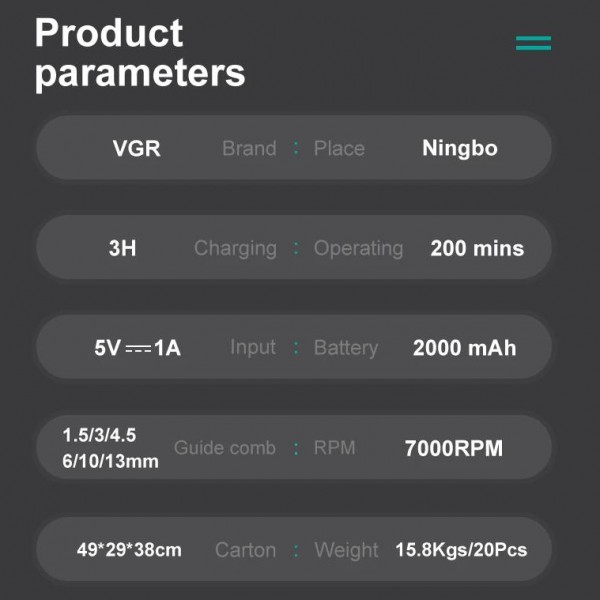 Аккумуляторная машинка для стрижки (clipper) VGR V-196 GREEN, 8 насадок, 7000 RPM, 2000 mAh, LED display 