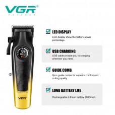 Аккумуляторная машинка для стрижки (clipper) VGR V-196 GOLD, 8 насадок, 7000 RPM, 2000 mAh, LED display 