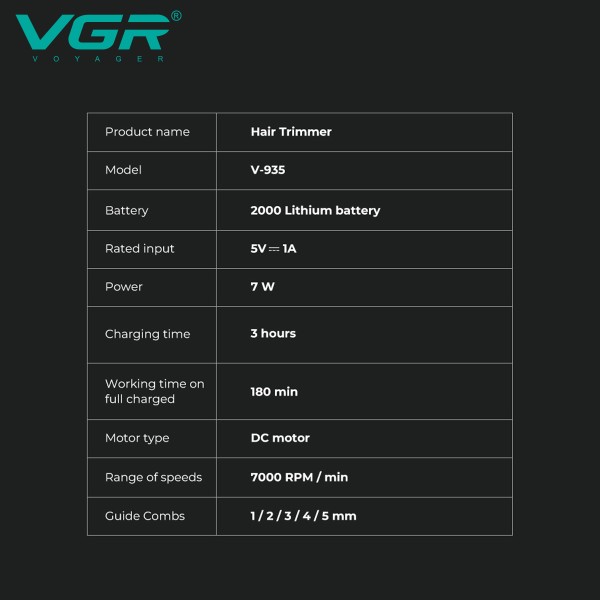Триммер VGR V-935 GOLD, 5 насадок, 7000 RPM, LED display 