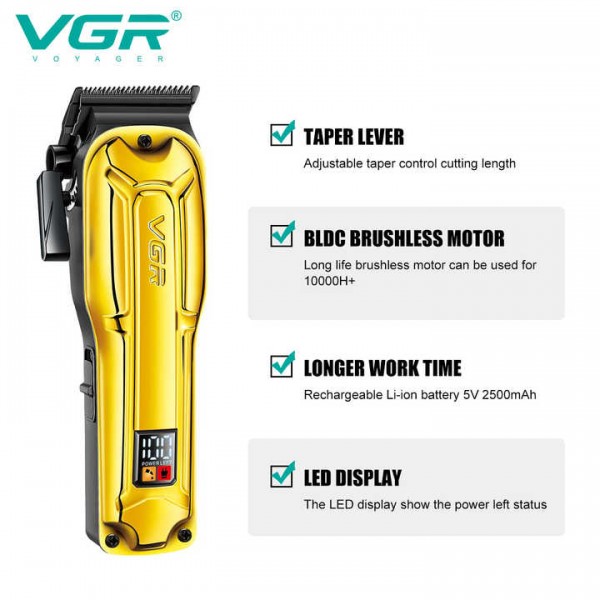 Аккумуляторная машинка для стрижки (clipper) VGR V-138 GOLD, 4 насадки, 7000 RPM, 2500 mAh, LED display