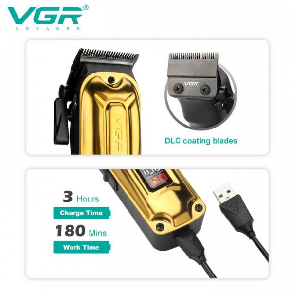 Аккумуляторная машинка для стрижки (clipper) VGR V-138 GOLD, 4 насадки, 7000 RPM, 2500 mAh, LED display