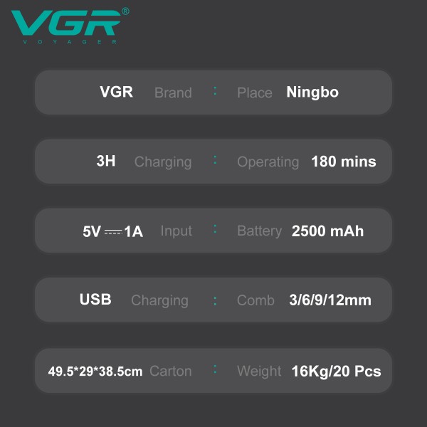 Аккумуляторная машинка для стрижки (clipper) VGR V-138 GOLD, 4 насадки, 7000 RPM, 2500 mAh, LED display