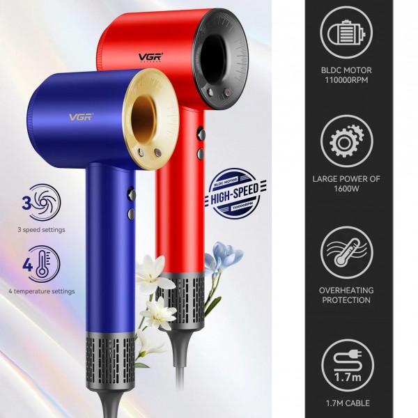 Фен профессиональный VGR V-445 BLUE, 3 уровня обдува, 4 уровня температуры, 1600 Вт, 110000 RPM 