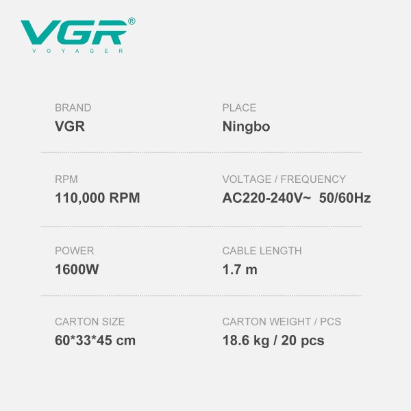 Фен профессиональный VGR V-445 BLUE, 3 уровня обдува, 4 уровня температуры, 1600 Вт, 110000 RPM 