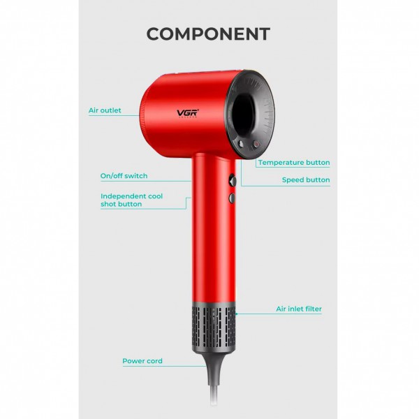Фен профессиональный VGR V-445 RED, 3 уровня обдува, 4 уровня температуры, 1600 Вт, 110000 RPM 