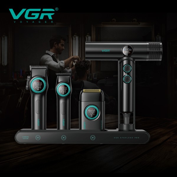 Комплект VGR STEPLERSS RPO 4 IN 1 BLACK, машинка для стрижки (Clipper), триммер, электробритва, фен 