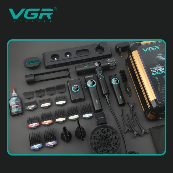 Комплект VGR STEPLERSS RPO 4 IN 1 BLACK, машинка для стрижки (Clipper), триммер, электробритва, фен 