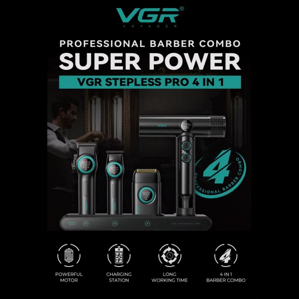 Комплект VGR STEPLERSS RPO 4 IN 1 BLACK, машинка для стрижки (Clipper), триммер, электробритва, фен 