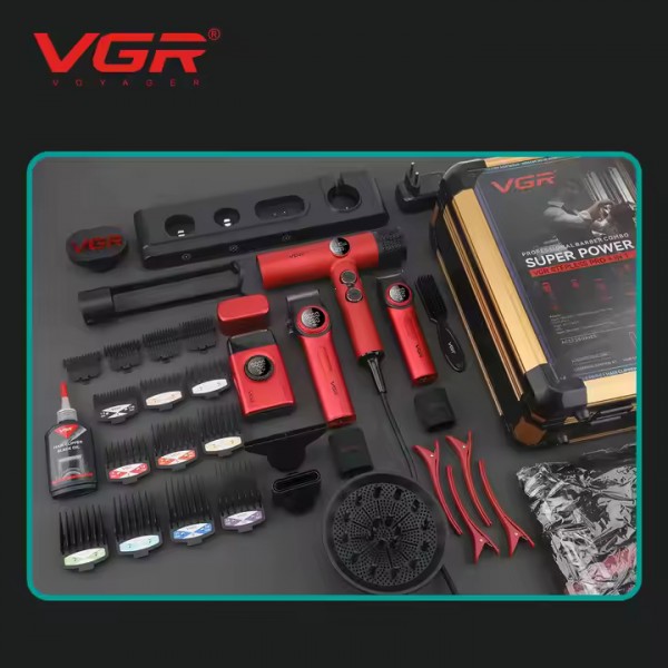 Комплект VGR STEPLERSS RPO 4 IN 1 RED, машинка для стрижки (Clipper), триммер, электробритва, фен 