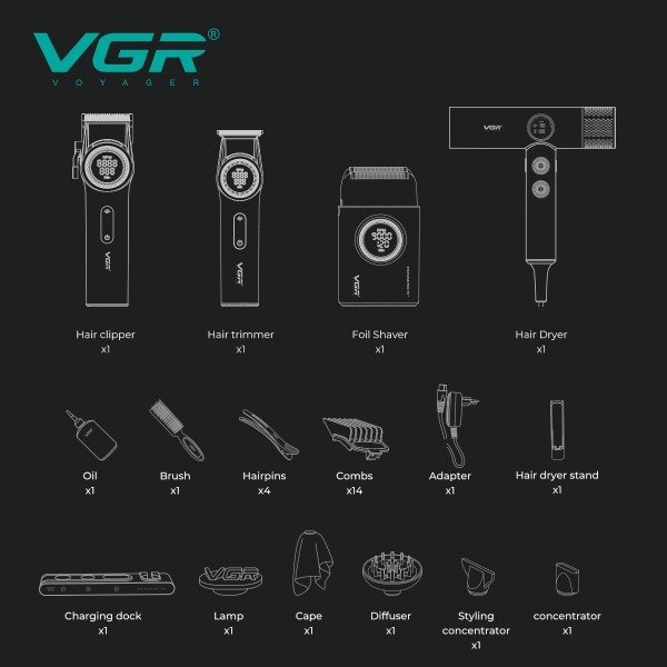 Комплект VGR STEPLERSS RPO 4 IN 1 RED, машинка для стрижки (Clipper), триммер, электробритва, фен 